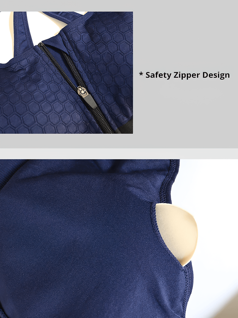 Close-up of zipper front shockproof sports bra with racerback and breathable design for fitness, featuring safety zipper.